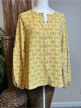 Alfani Yellow Patterned Long-Sleeve Split-Neck Blouse